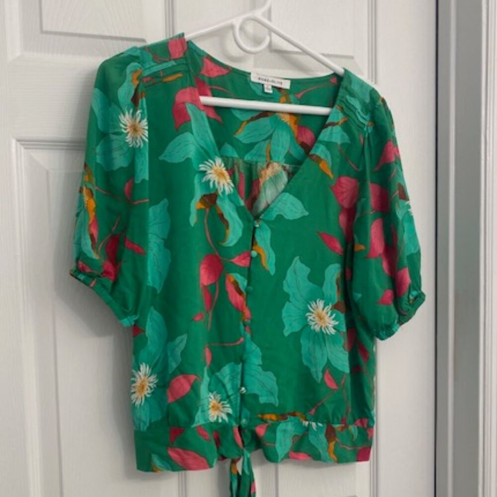 Rose + Olive Green Flower Print Balloon Sleeve Top  Size Large